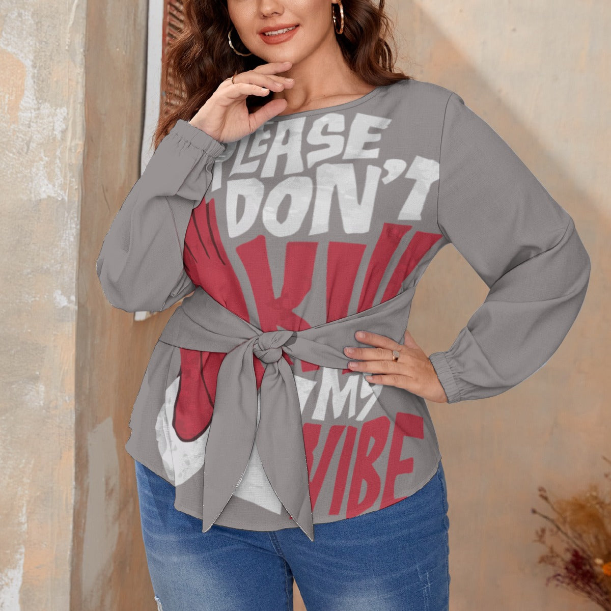 All-Over Print Women's Round Neck Blouse With Waist Knot (Plus Size)