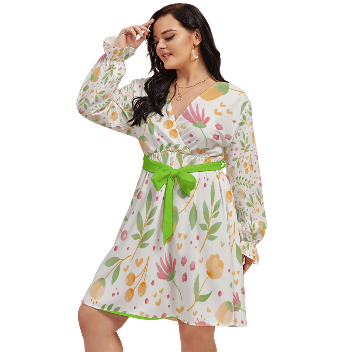 All-Over Print Women's V-neck Dress With Waistband(Plus Size)