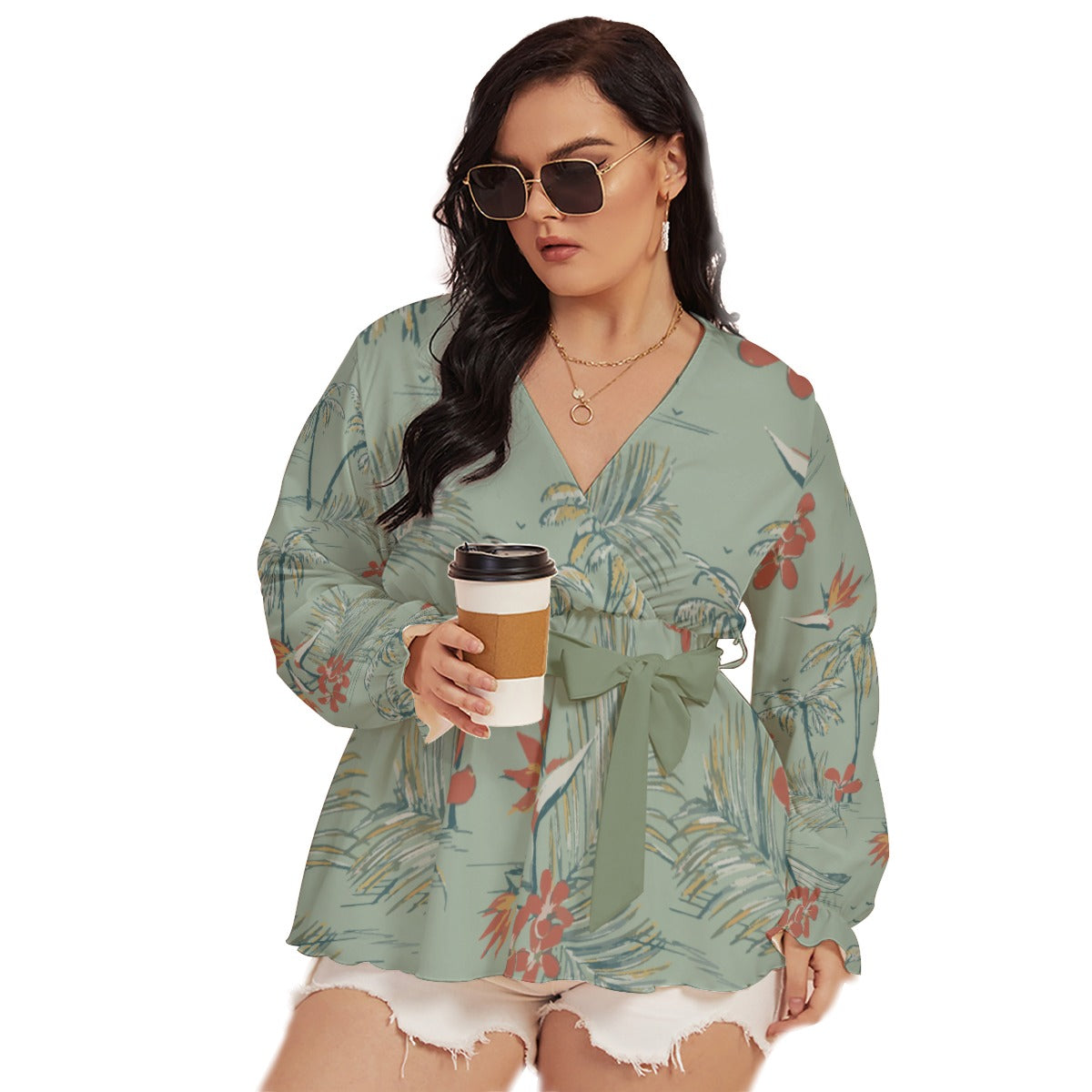 All-Over Print Women's V-neck T-shirt With Waistband (Plus Size)