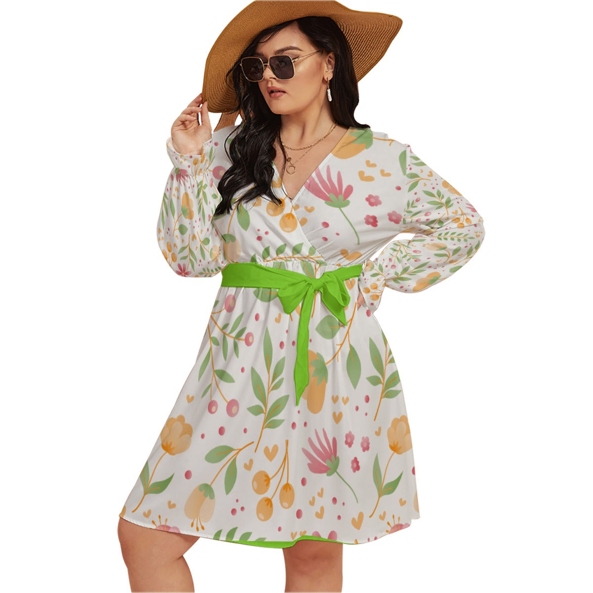 All-Over Print Women's V-neck Dress With Waistband(Plus Size)