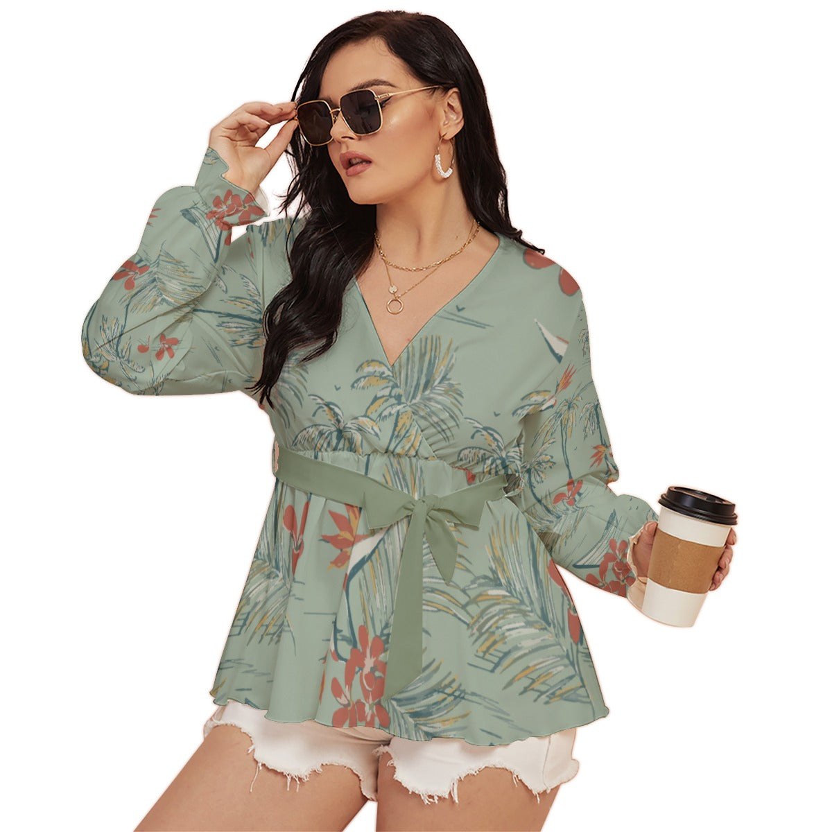 All-Over Print Women's V-neck T-shirt With Waistband (Plus Size)