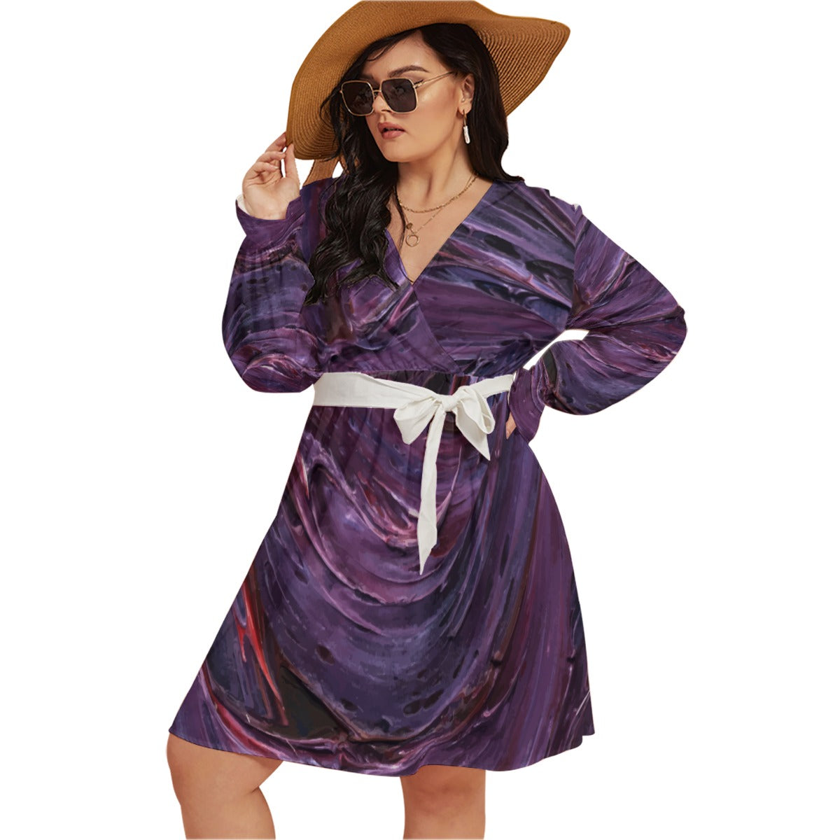 All-Over Print Women's V-neck Dress With Waistband(Plus Size)