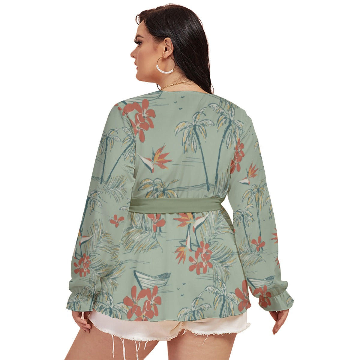 All-Over Print Women's V-neck T-shirt With Waistband (Plus Size)