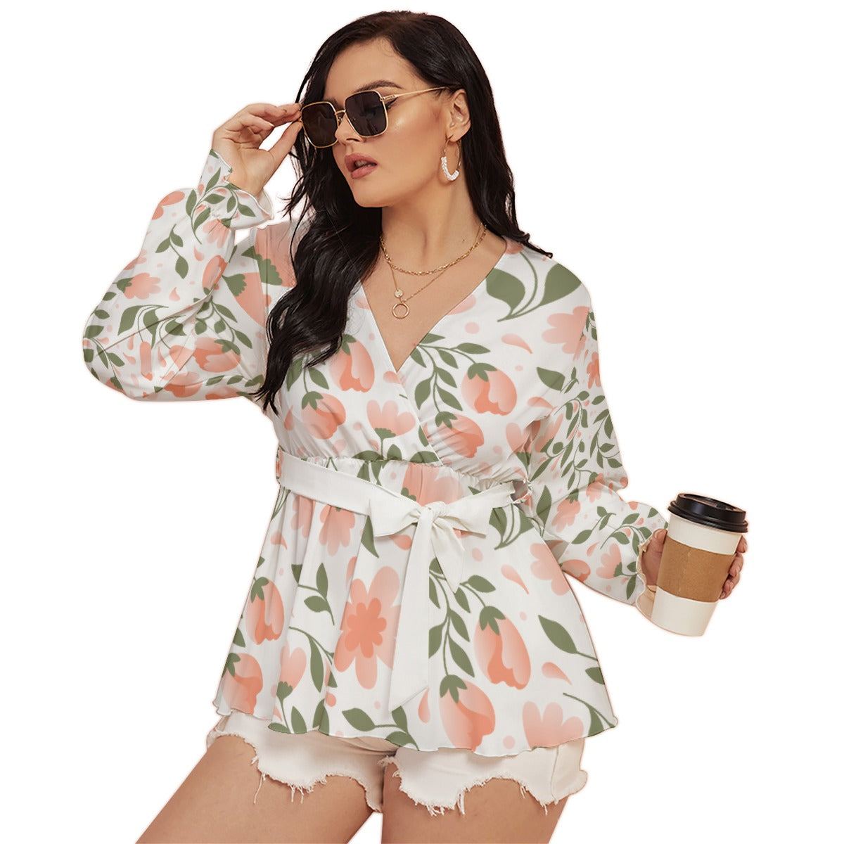 All-Over Print Women's V-neck T-shirt With Waistband (Plus Size)
